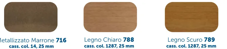 Finiture effetto legno della veneziana da 25 mm: Legno Chiaro 788, Legno Scuro 789 e Metallizzato Marrone 716