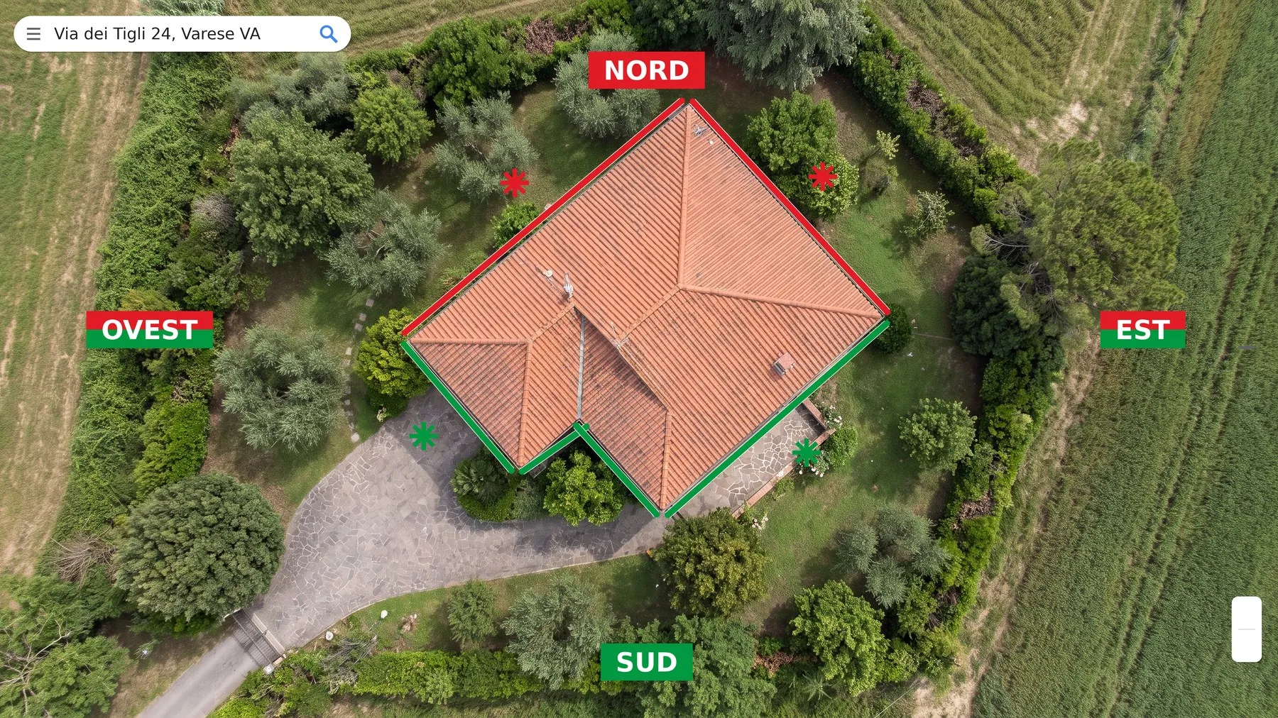 Esposizione: si verifica dall'alto su Google Maps; valgono le pareti esposte da est a ovest passando per sud