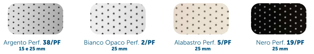 Lamelle perforate: Bianco, Argento, Bianco Opaco, Alabastro e Nero (alcune solo su 25 mm)