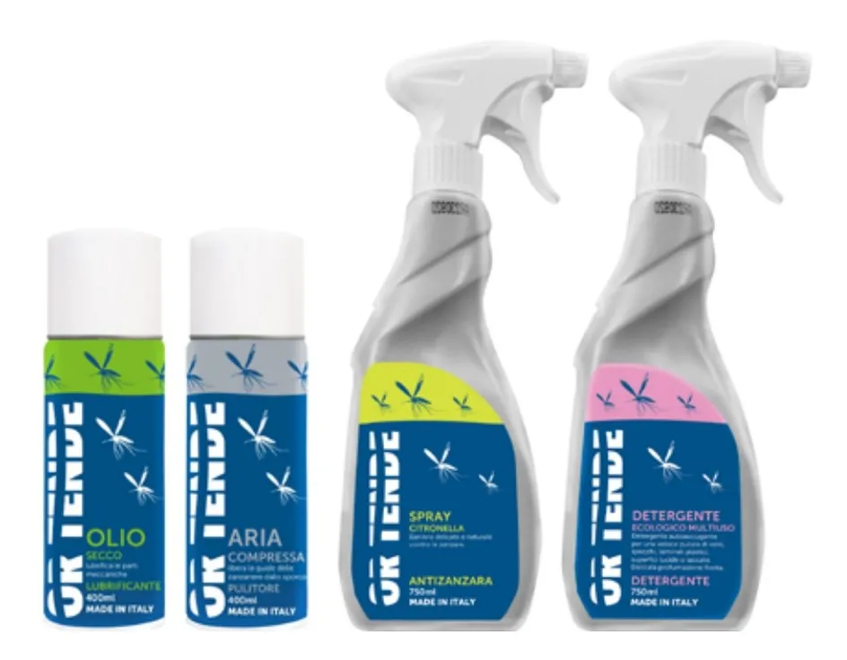Set completo: olio secco, aria compressa, spray e detergente